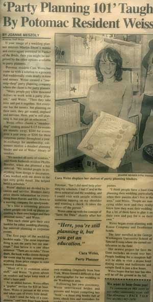 Cara Weiss featured in a newspaper article about party planning in Potomac.
