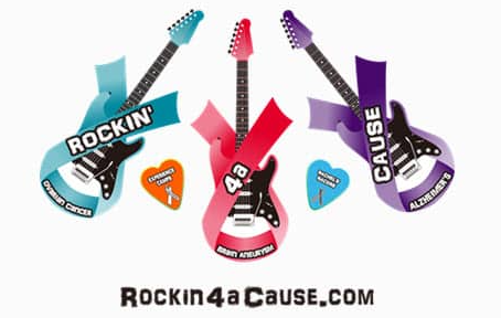 Rockin' 4a Cause logo with guitars supporting cancer, Alzheimer's, and brain aneurysm awareness.